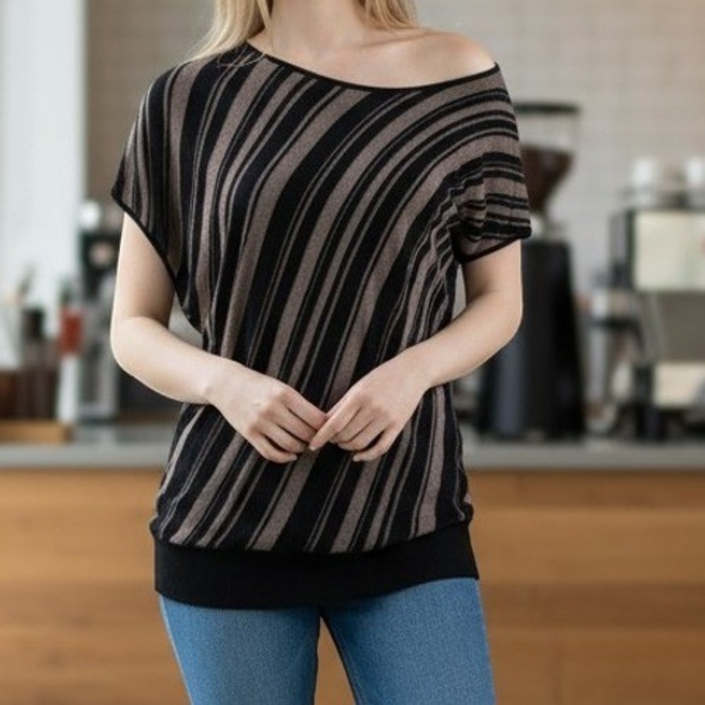 Y2k Le Chateau Womens XL Black Taupe Striped Knit Off Shoulder Dolman Scoop Neck